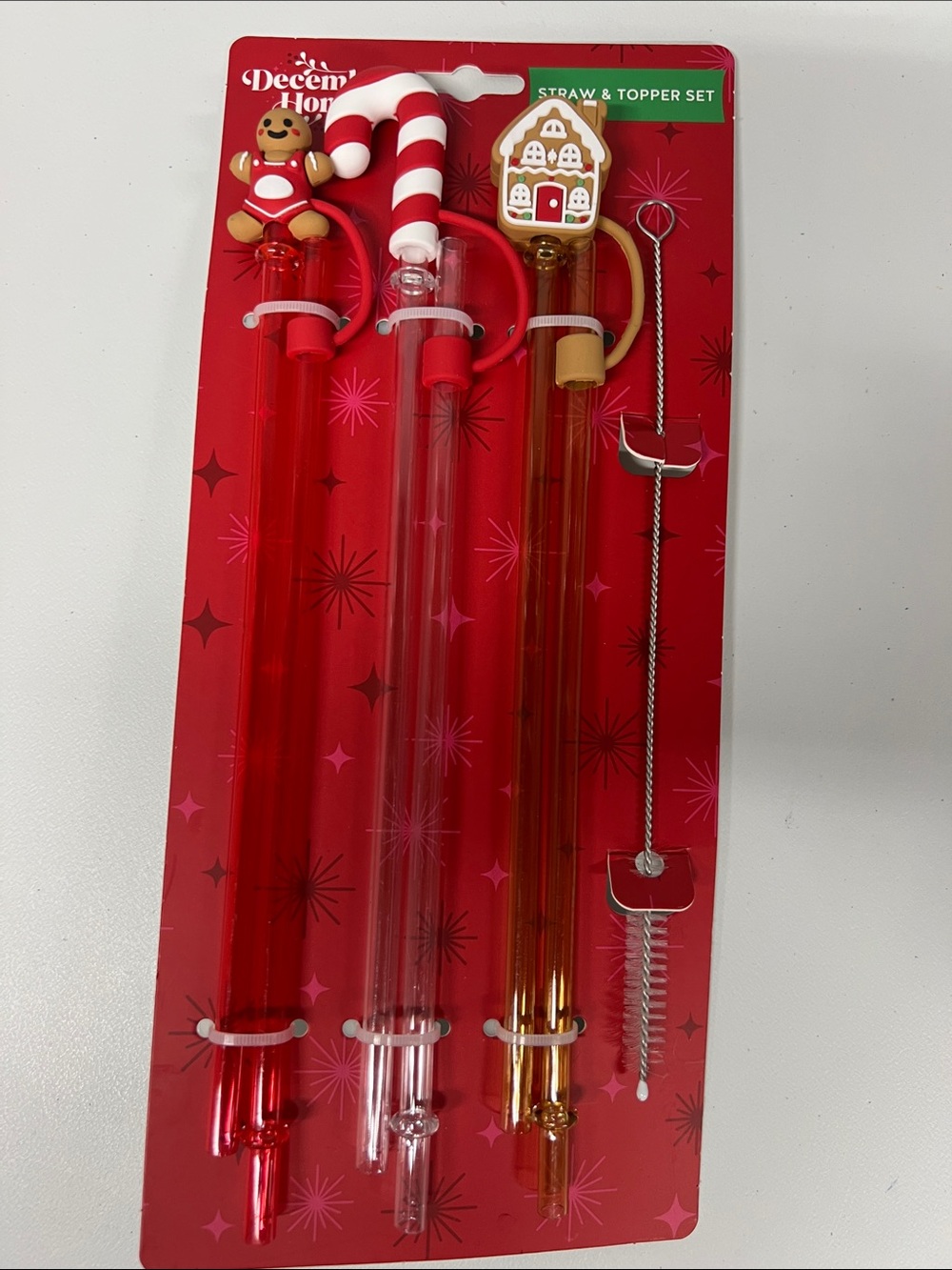 Holiday Straw & Topper Set with Candy Cane, Gingerbread, and House